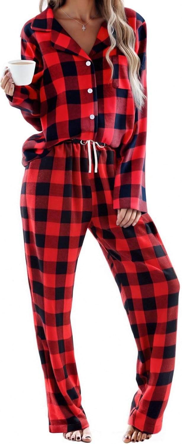 Ekouaer Pajamas Set for Womens 2 Piece Cotton Plaid Pjs Long Sleeve Sleepwear Soft Button Down Loungewear with Pockets
