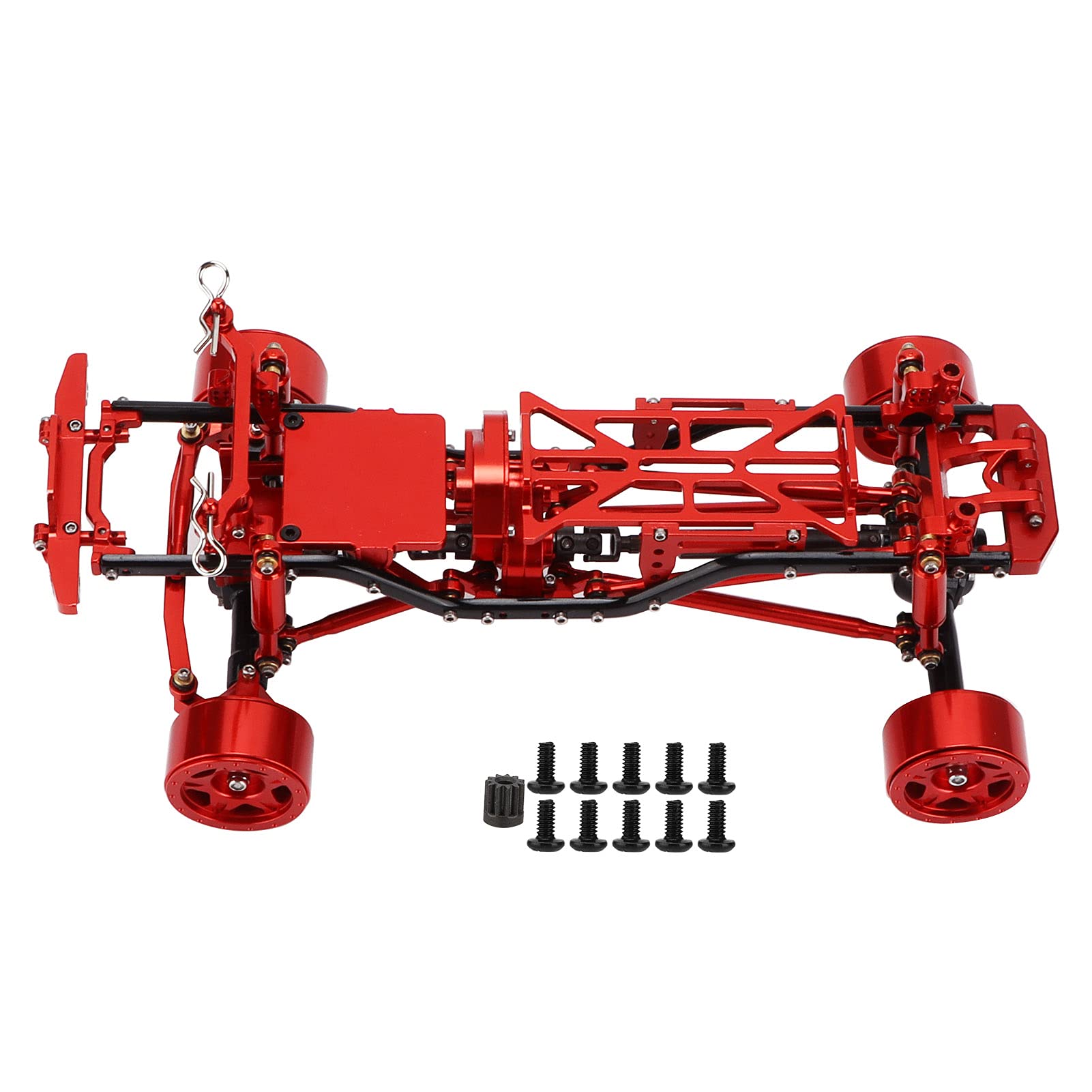 Zestaw ulepszonej ramy podwozia SCX24 |Rama ze stopu aluminium z piastami kół do samochodu Axial SCX24 90081 1/24 RC |Mocowanie silnika CNC i stalowy wał napędowy (Red)
