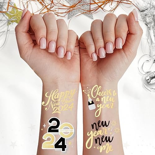 Miniatura 3 de Tatuajes de suministros para fiesta de Año Nuevo, 40 estilos de purpurina, tatuajes temporales negros y dorados metálicos, recuerdos de fiesta de