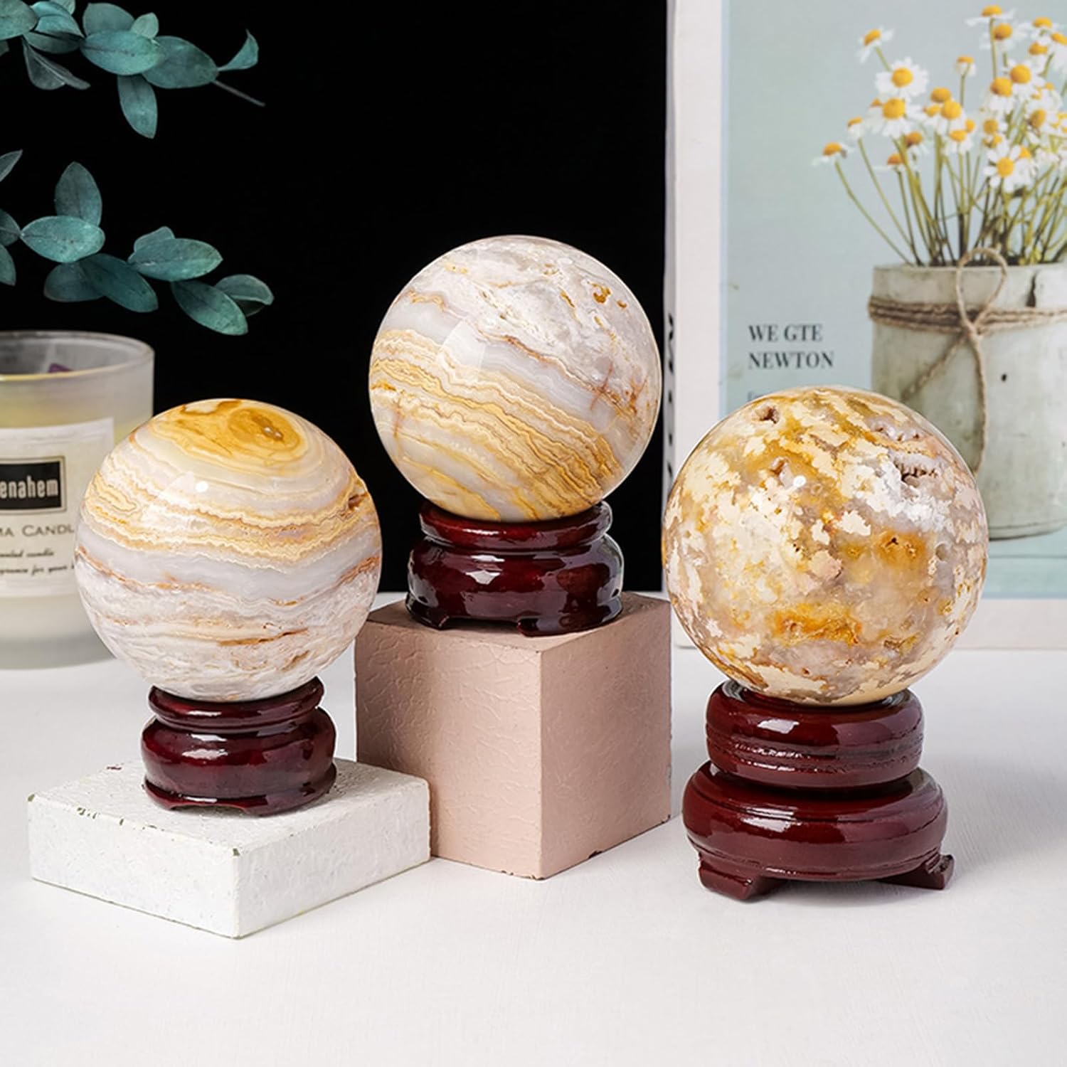 Agate Crystal Ball for Home Decor, Quartz Stones Sphere with Stand,Round Crystals for,Office Decoration Balls,45~50mm