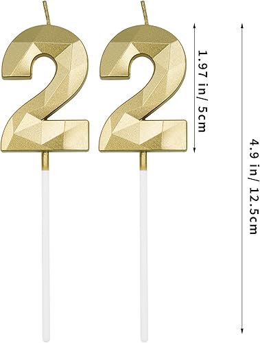 Miniatura 2 de Velas de cumpleaños número 22 para pastel, velas doradas con forma de diamante 3D con forma de diamante, suministros de fiesta para niñas, niños,