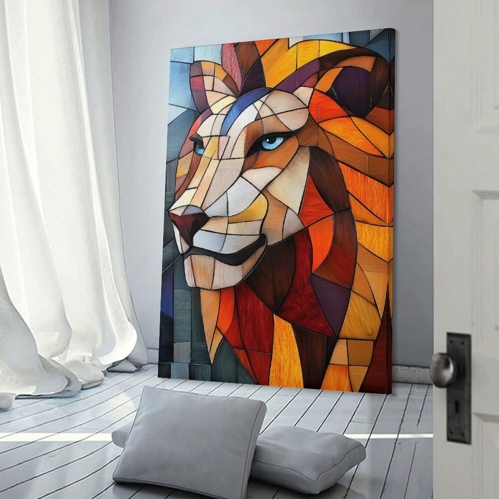 Junmoney Frame-Style-22-1 Stained Glass Lion Canvas Wall Picture, 12X18inch(30X45cm), For Study, Office Or Focused Interiors, Home Office Artwork With Decorative Appeal