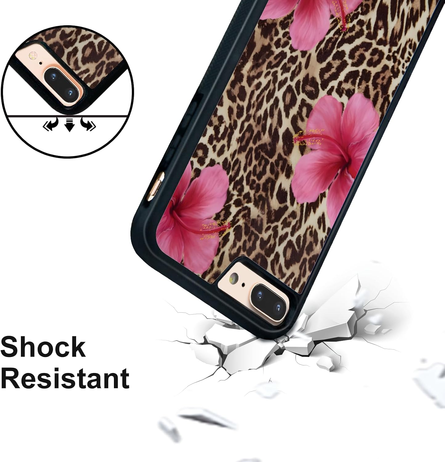 Cute Pink Hibiscus Flowers Leopard Cheetah Print Aesthetic Phone Case for iPhone 7 Plus & iPhone 8 Plus Case for Women Girls -5.5Inch image 4