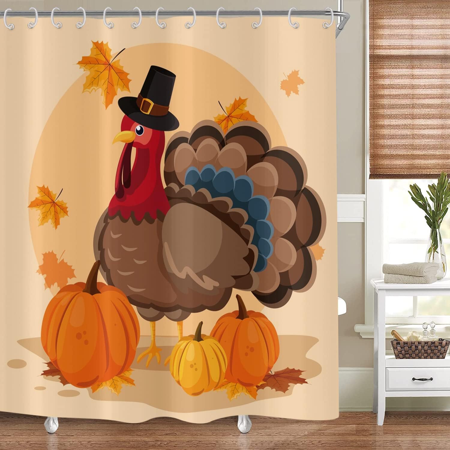 GCIREC Thanksgiving Shower Curtain, Fall Harvest Pumpkin Bath Curtain Maple Leaves