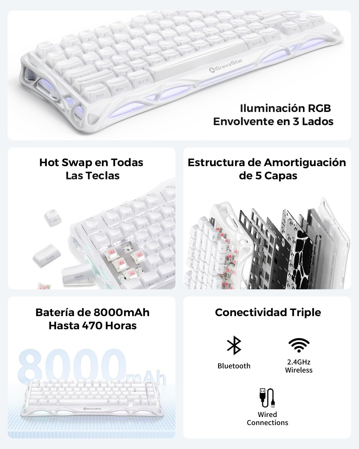 GravaStar Mercury K1 Teclado Mecánico Gaming con Marco de Aluminio, 75% Inalámbrico, Teclado para Juegos, Intercambiable en Caliente, Gasket, Teclado RGB Trimodo, Teclas PBT,QWERTY -Blanco