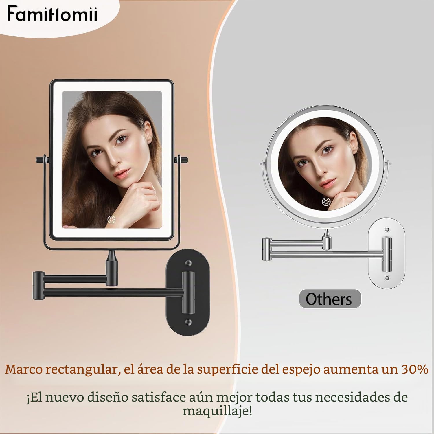 Famihomii 5000mAh Espejo de Maquillaje Recargable con iluminación LED | espejo de maquillaje con aumento de 1/30x e interruptor táctil,espejo de afeitar regulable,giratorio 360° (negro)