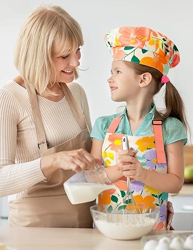 Miniatura 7 de WERNNSAI Juego de delantales para niñas y niños, delantal de cocina artística con sombrero y guantes de horno