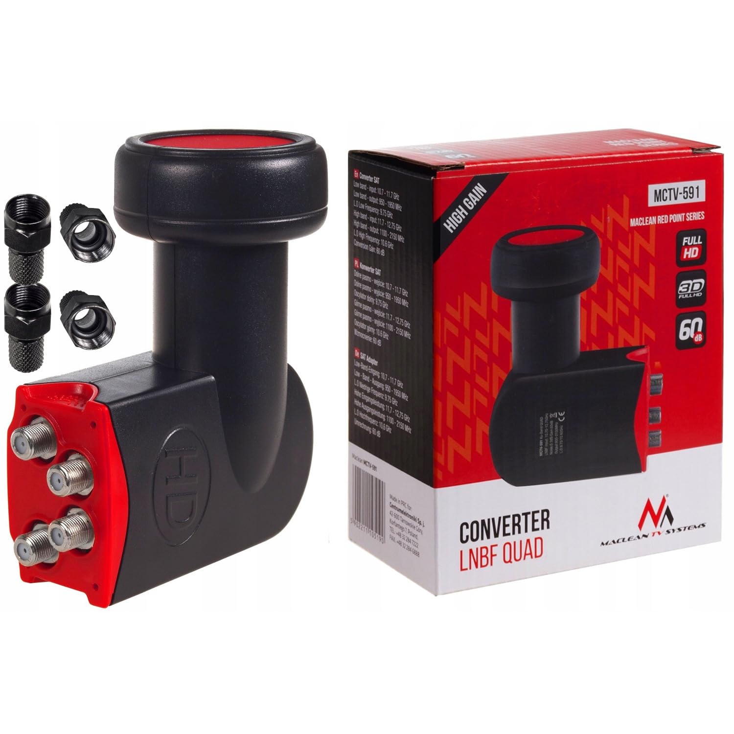 Maclean MCTV-591 Quad LNB Red Point LNBF Digital Receiver Head Converter for Satellite Systems Adapter Switch FullHD 3D 60 dB (Quad + 4 x F-Connectors)