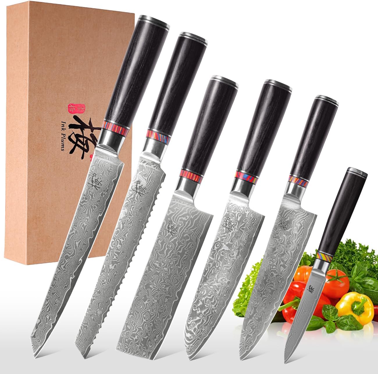Damascus Steel Kitchen Knife Set, 6 Pieces, Chef's, Santoku, Bread Knife, Paring Knife & More, Ultra Sharp for Very Fast Cutting, with Gift Box
