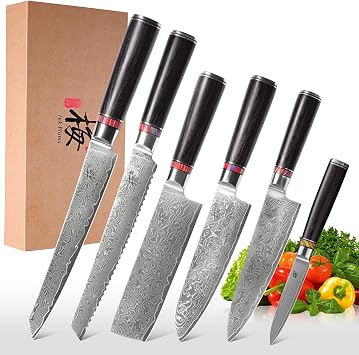 Damascus Steel Kitchen Knife Set, 6 Pieces, Chefs, Santoku, Bread Knife, Paring Knife & More, Ultra Sharp for Very Fast Cutting, with Gift Box