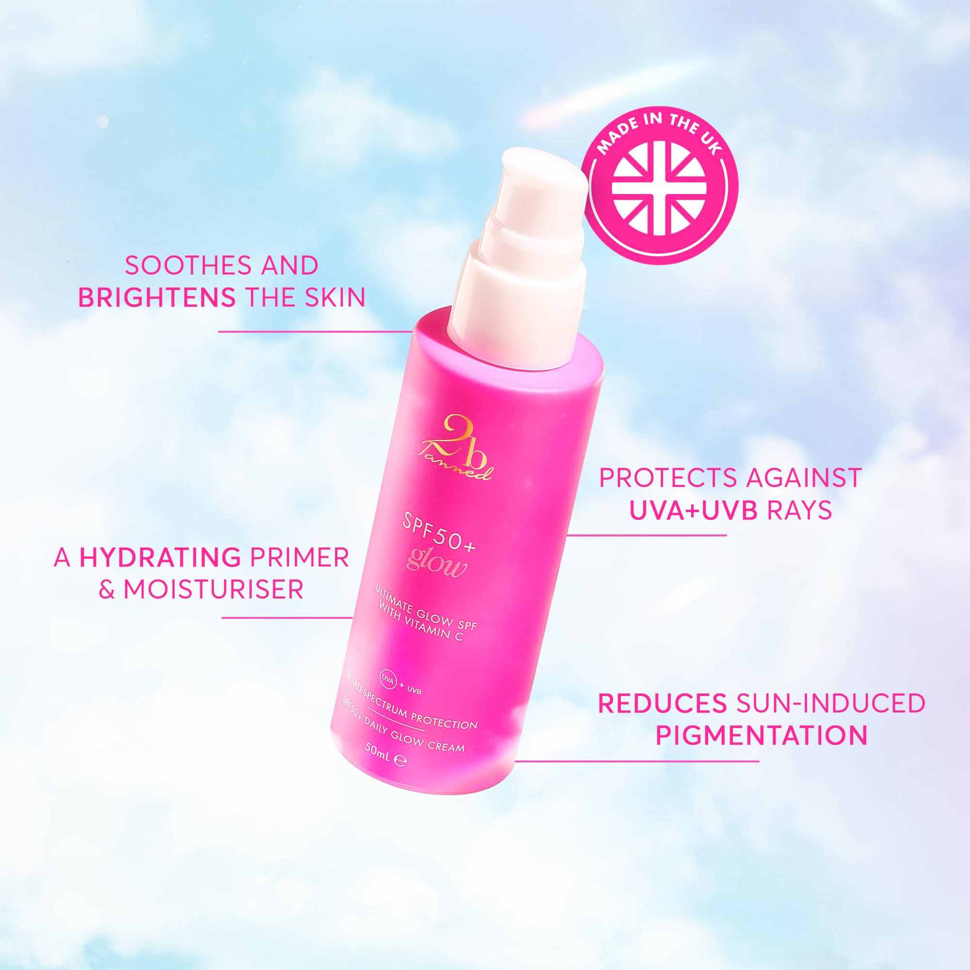 2bTanned Glow SPF 50 Face Moisturiser (50ml), Facial Cream with Sunscreen and Subtle Shimmer, Anti Heat Aging - Image 2