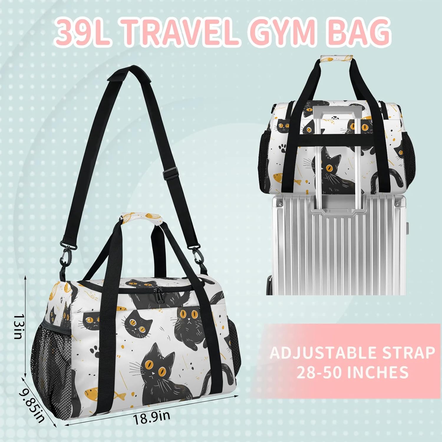 39L Duffle Bag for Travel Carry on Bag for Men Women Foldable Sport Gym Tote Bag Waterproof Overnight Weekender Bag with Side Pocket Cats