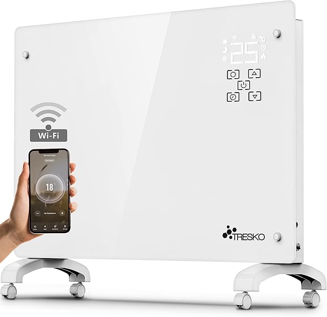 TRESKO® Szklany konwektor, aplikacja WiFi, ogrzewanie elektryczne, ogrzewanie szklane, grzejnik konwektorowy, grzejnik LED i timer, grzejnik elektryczny, ogrzewanie stojące lub ścienne