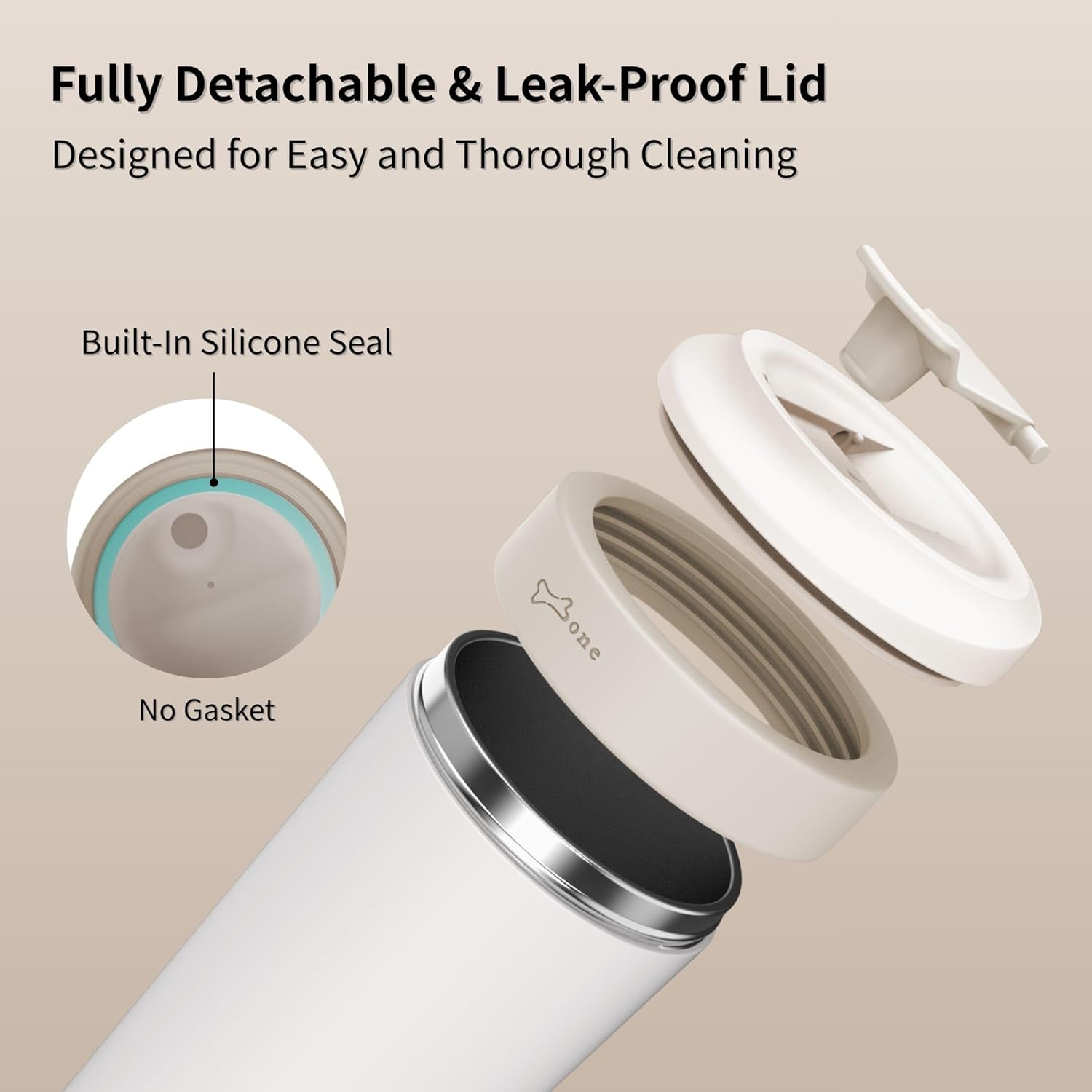 BONE 25oz Insulated Water Bottle with 2 Carrying Straps, Double-Walled Stainless Steel Travel Mug with Food Grade Silicone & Leak-Proof Lid, 750ml BPA-Free Coffee Tumbler for Men & Women (White) - Image 2