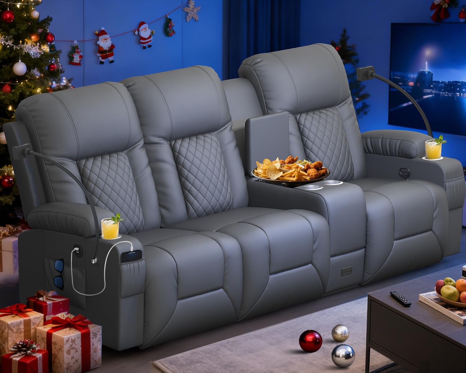 Recliner Sofa, Home Theater Seating with Center Console, 3 Seat Reclining Couch with USB Ports &amp; Phone Holders, Wall Hugger RV Sofa Furniture Loveseat Recliner Couch with Storage &amp; Pocket