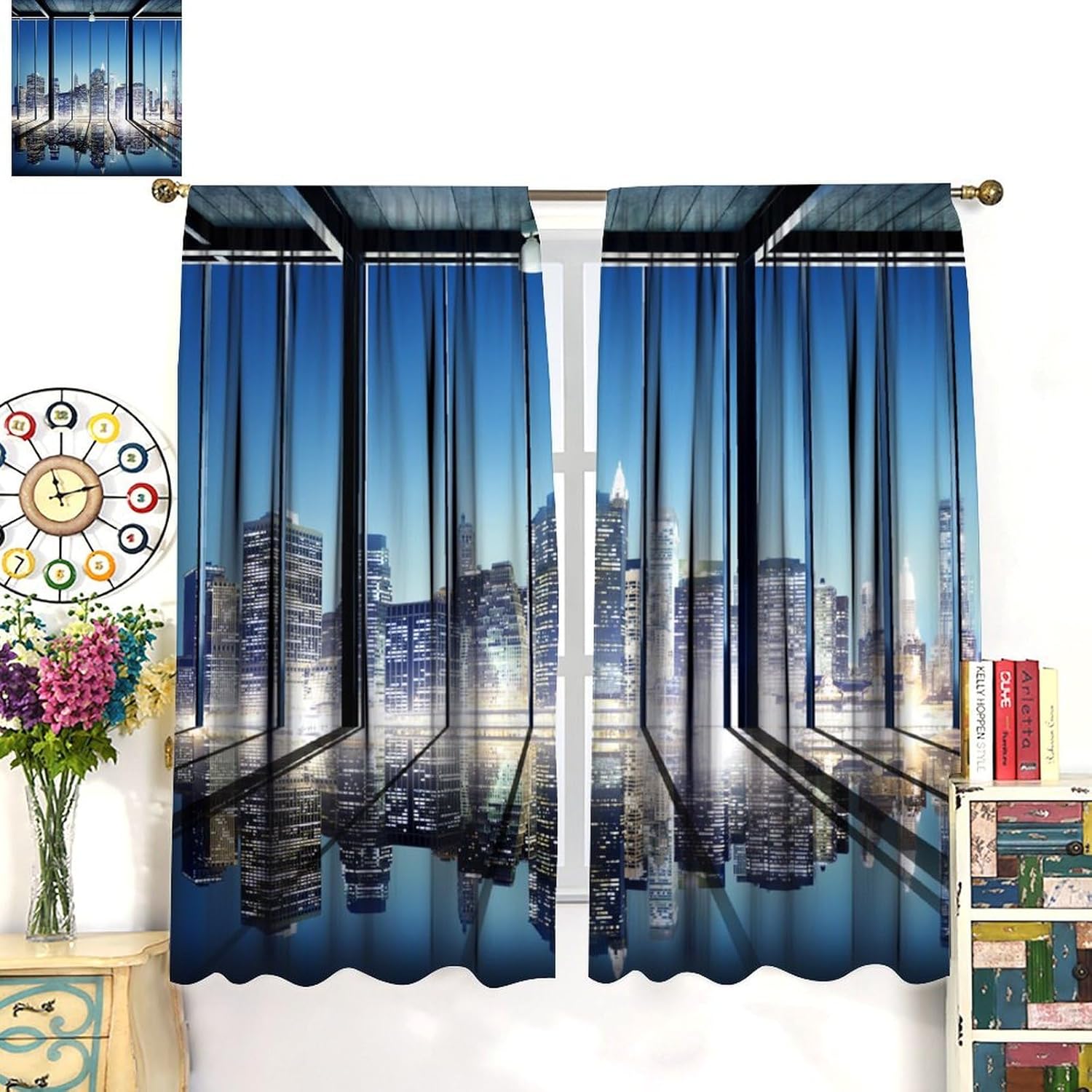 City Blackout Window Curtains, NY City Night Scenery Skyscrapers Buildings Rod Pocket Window Drapes for Bedroom Living Room Cafe 42" W X 45" L
