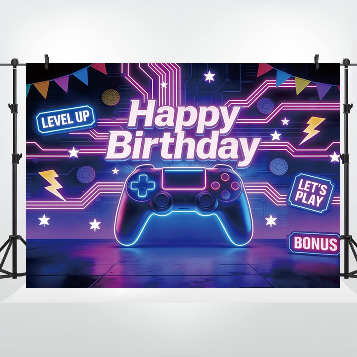 4,5x3m Sfondo Compleanno Gaming "Level Up" Controller Neon Accenti Arte Pixel "Buon Compleanno" Tema Gamer Festa Cyberpunk Accessori Studio