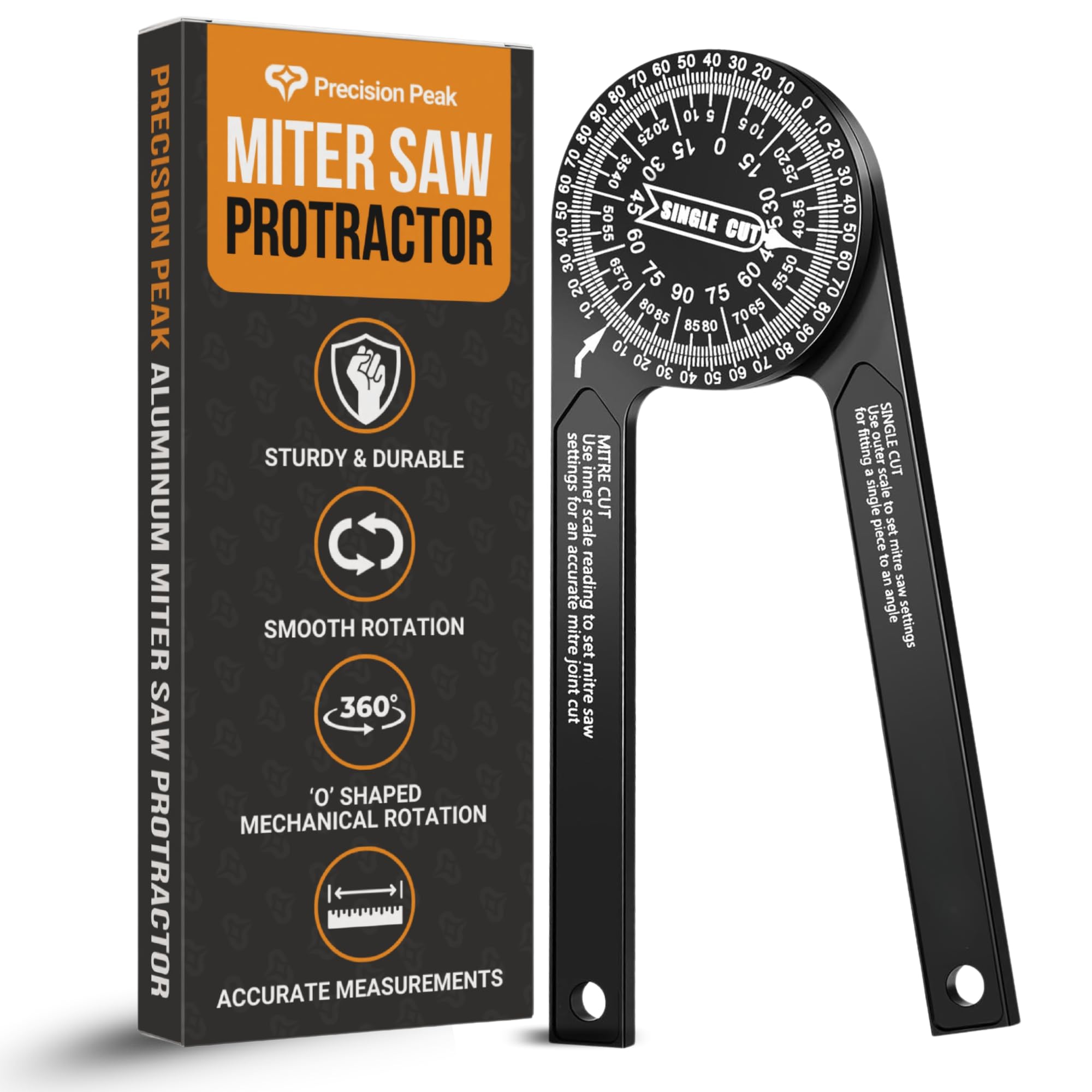 Precision Peak Aluminum Miter Protractor | 7-Inch Rust-Resistant Angle Finder with Precision Laser-Engraved Scales, Ideal Protractor and Miter Gauge for wood working and other Applications