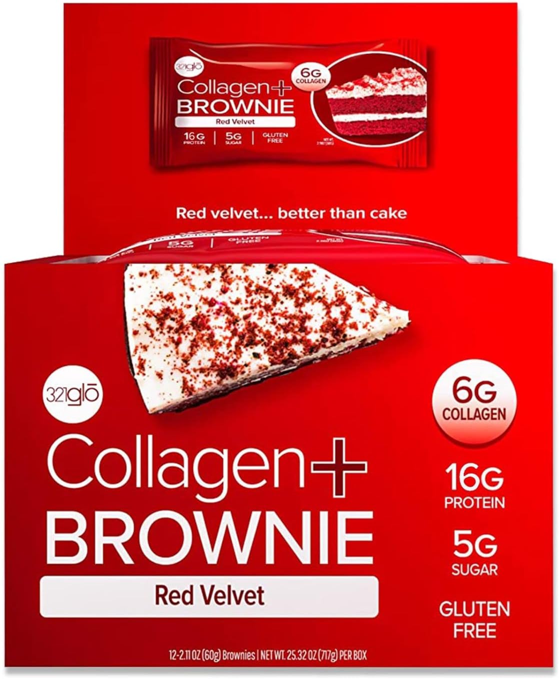 321glo Collagen Protein Brownie, Low Sugar Keto Friendly Gluten Free Treats for Women, Men, and Kids (12-Pack, Red Velvet)