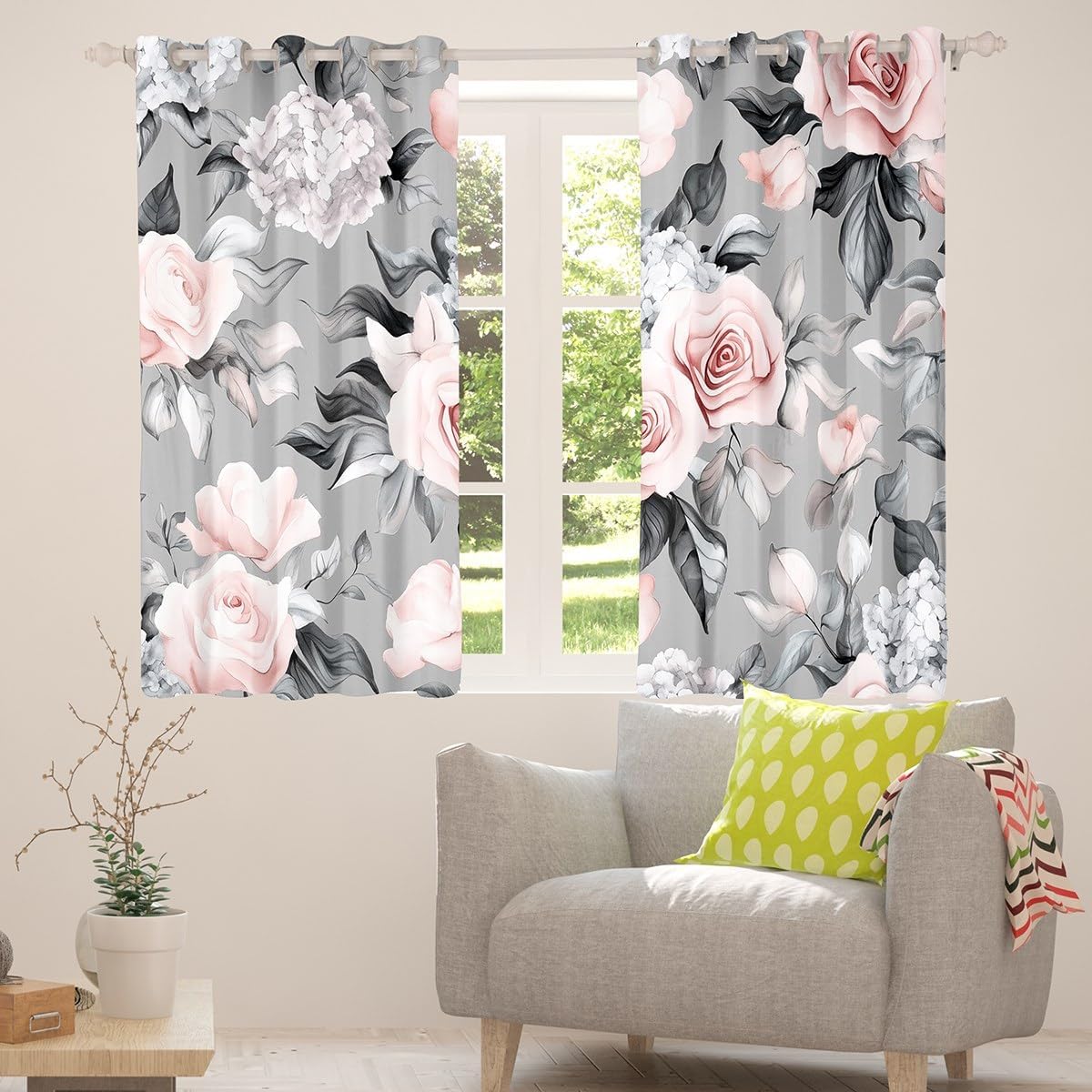 Pink Rose Window Curtains Garden Flower Window Treatment for Kids Child Youth Lady,Botanical Leaf Curtain Romantic Floral Draperies Rural Pastoral Style Bedroom Decor 84"X84" Gray