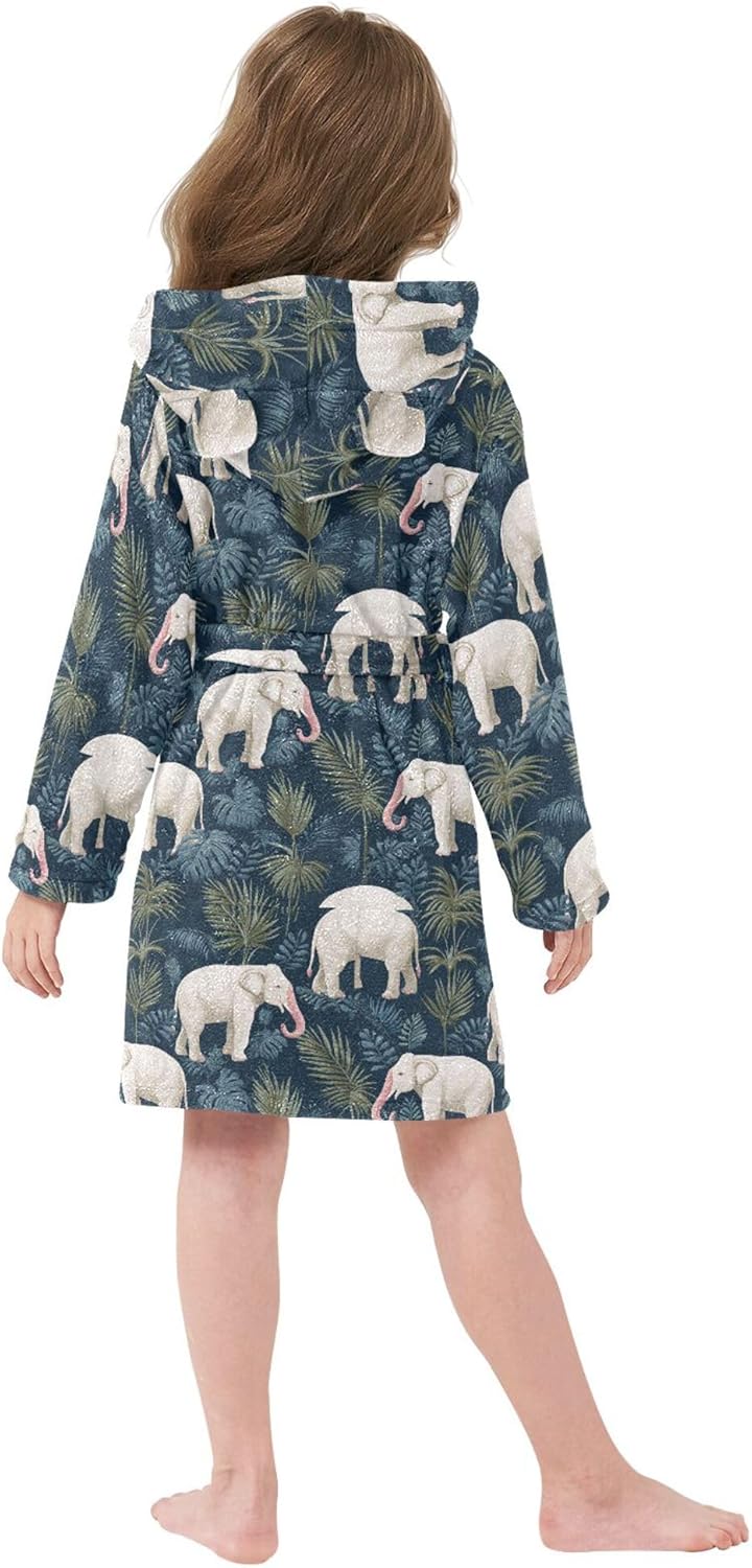 Elephants with Leaves Bathrobe Hooded PJ Robe Soft Fleece Robe Sleepwear 2-12 Years