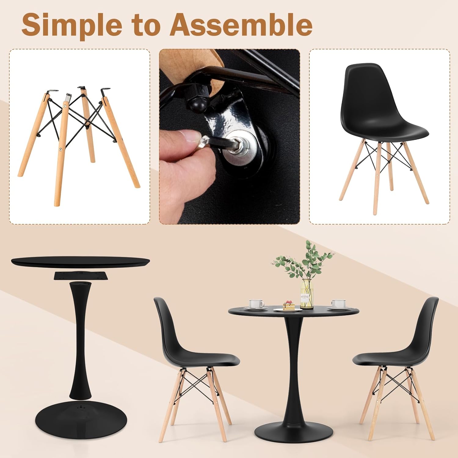 Giantex Round Dining Table Set for 2, 32" Kitchen Table and Chairs with Solid Wood Legs, Plastic Seats, Metal Frame, Space Saving Dinette Set for Breakfast Nook, Apartment, Home Office (Black)