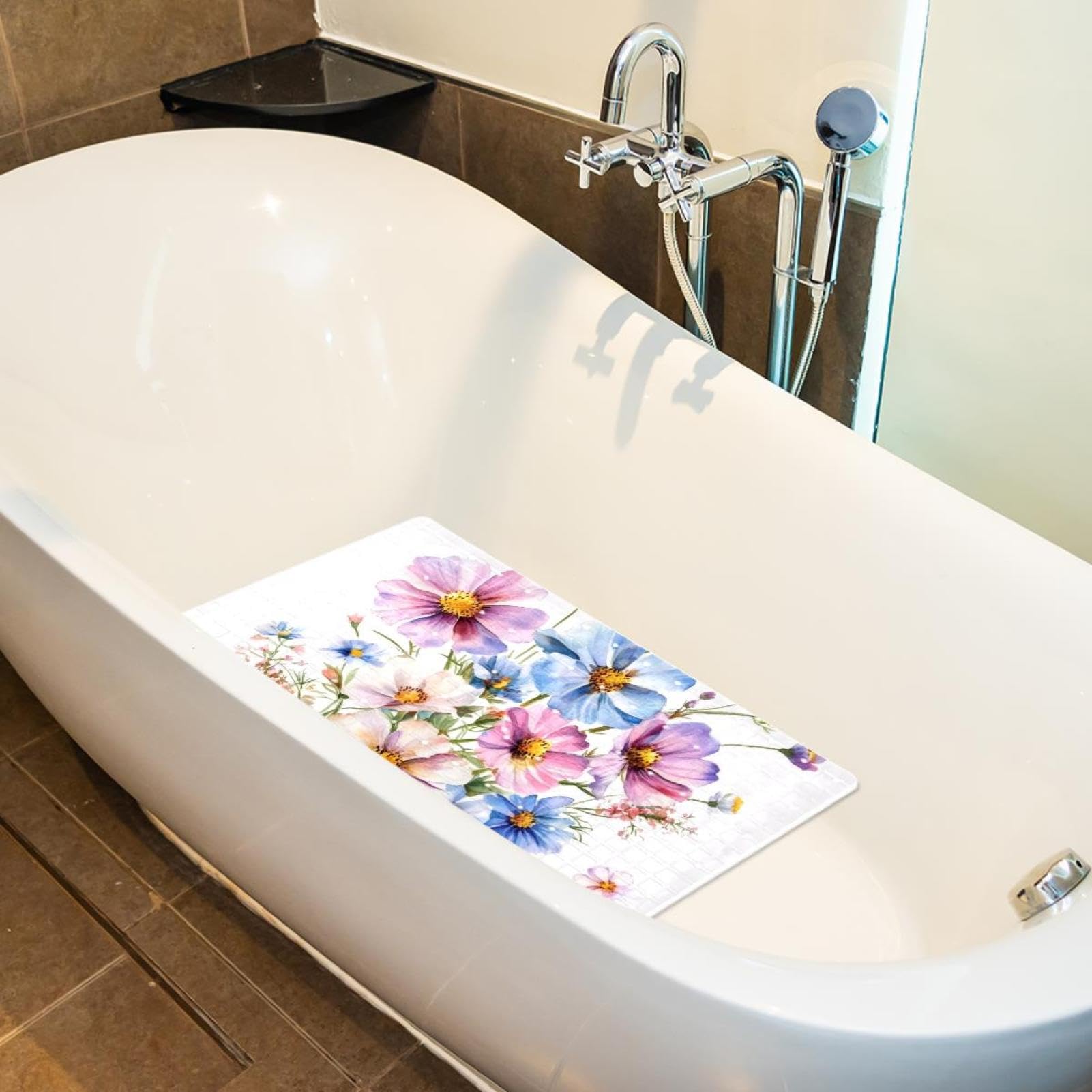 Badematte für die Badewanne, Motiv: Aquarellstrauß mit bunten Wildblumen, rutschfest, rechteckig, Duschmatte mit Saugnäpfen, maschinenwaschbar, Badezimmermatte, 39,9 x 70,9 cm