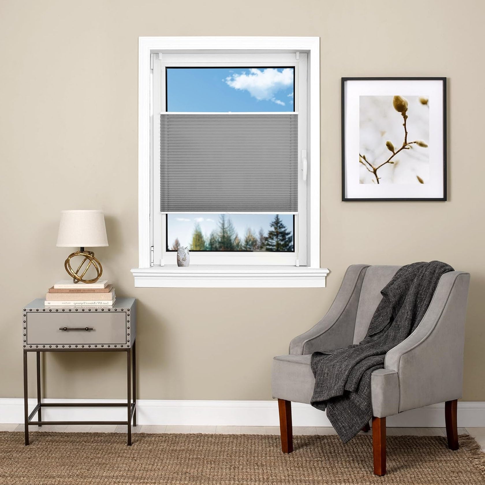 Pleated Blind Klemmfix No Drilling 75 x 200 cm Instant Stick on Light Filtering Pleated Shades Easy Fit Curtain Easy-to-Hang for Bedroom Kitchen Bathroom Windows, Light Grey — image 1