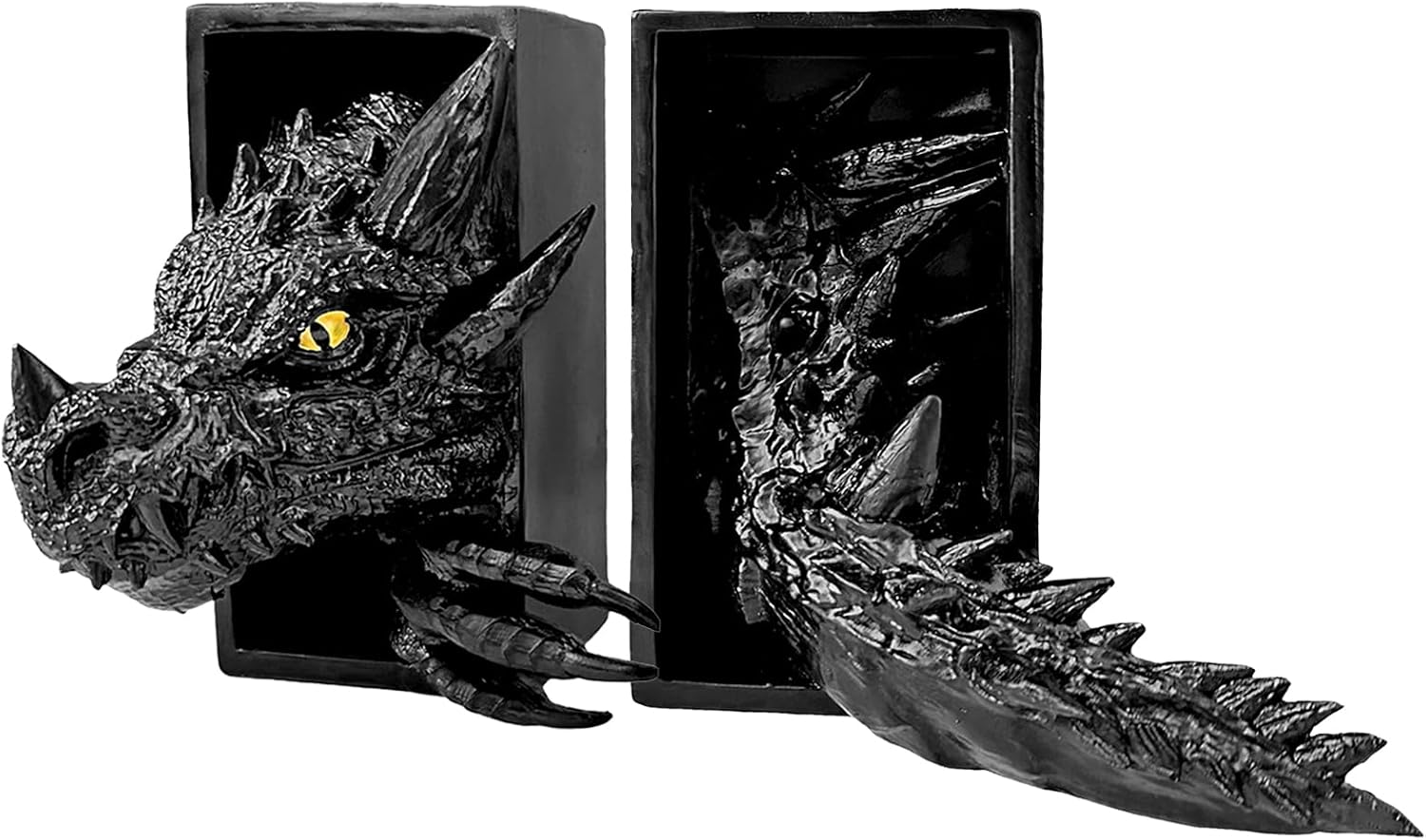 Dragon Bookends Gothic Fantasy Bookshelf Decor Unique Animal Statues for Book Shelves Lovers Black Whimsical Gifts Shelf Holder Set Resin Sculpture Home Office Decorative