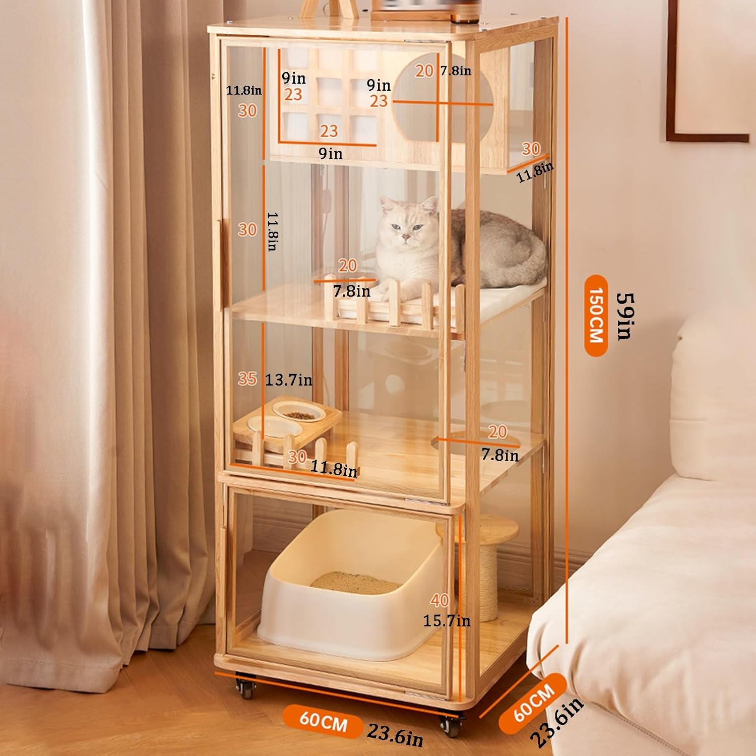 Cat Playpen, solid wood panoramic Cat Enclosures, Small footprint, luxury tempered glass Pet Playpen, Cage pour 1-2 Chats, Diverses Tailles Au Choix(23.6x59/60x150cm)