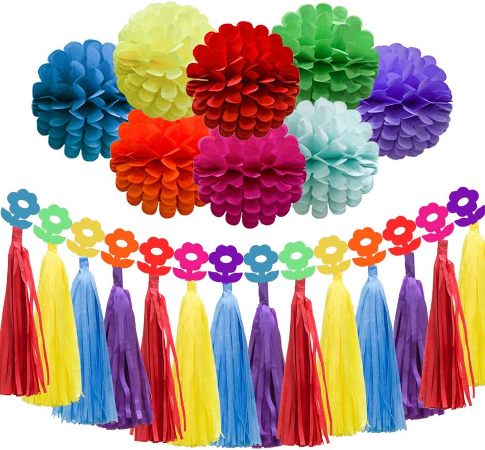 ADLKGG Rainbow Birthday Party Decorations, Bright Colorful Honeycomb Tissue Paper Pom Pom Flowers Balls, Paper Tassel Garland, Rainbow Paper Garland for Baby Shower Supplies