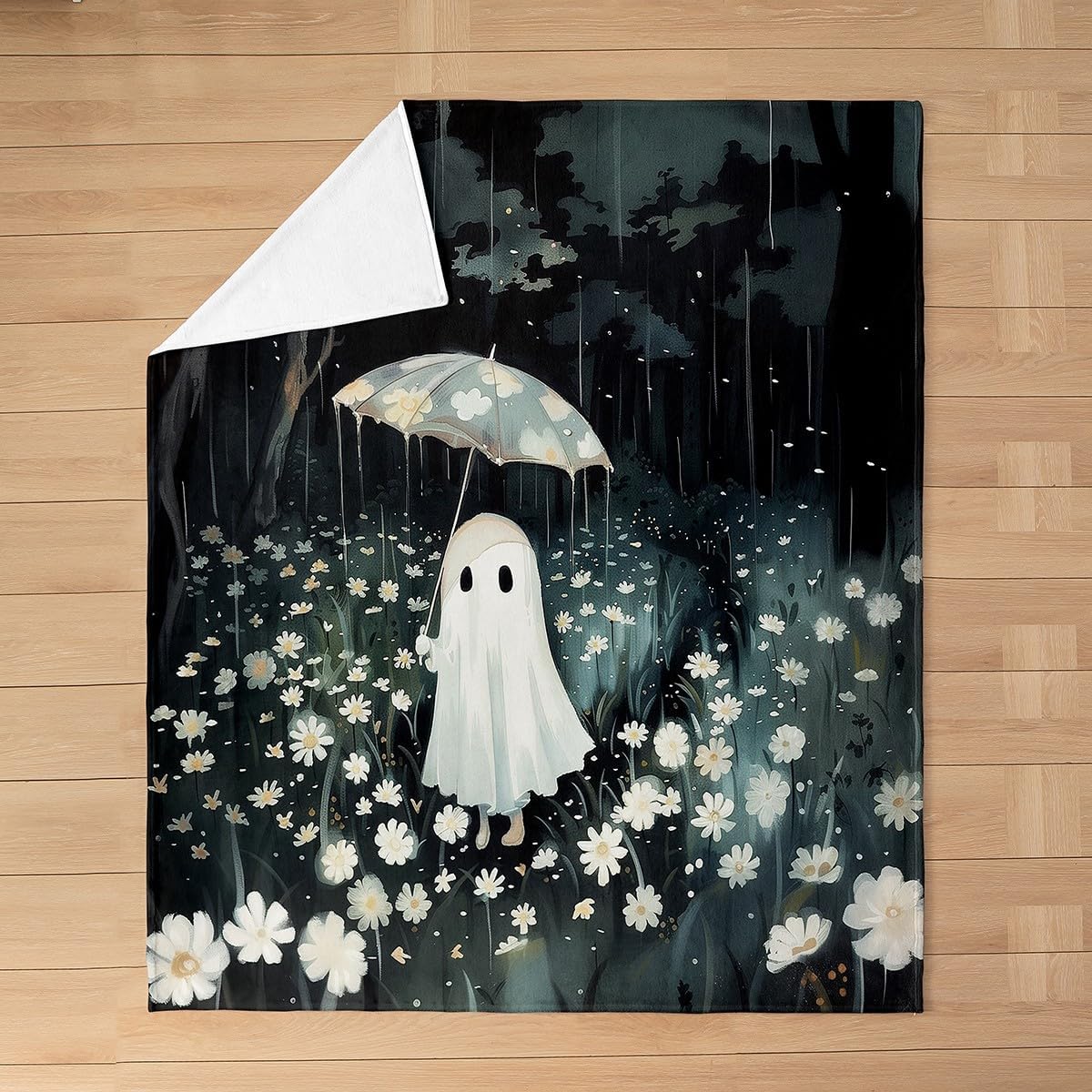 Cute Ghost Fleece Blanket,Halloween Rainy Night Umbrella Jungle Bed Blanket for Kids Teens,White Daisy Flowers Nature Artwork Paint Flannel Blanket for Room Decor,Queen 90"x90"