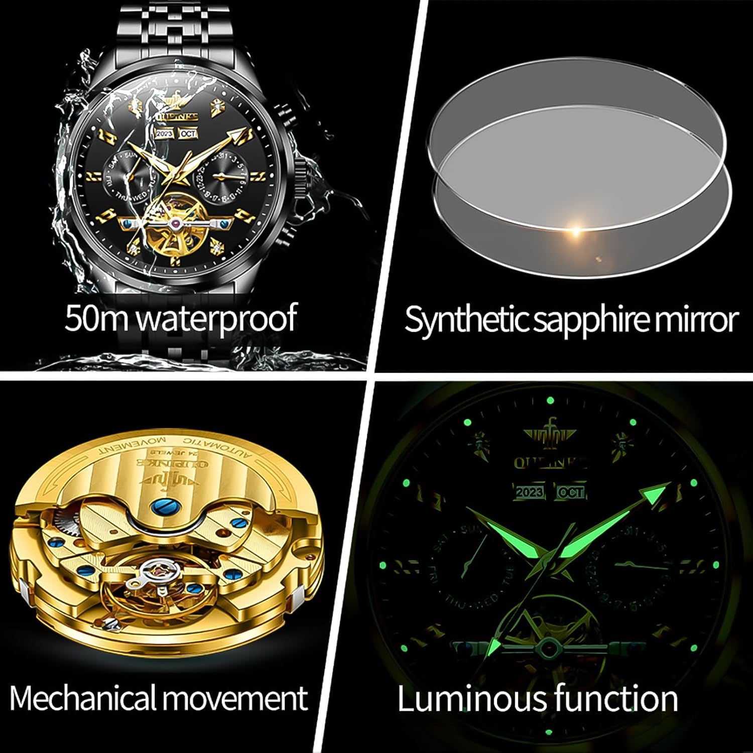 OUPINKE Men Skeleton Watch Automatic Mechanical Luxury Dress Waterproof Tourbillion Sapphire Crystal Wrist Watches for Men - Image 5