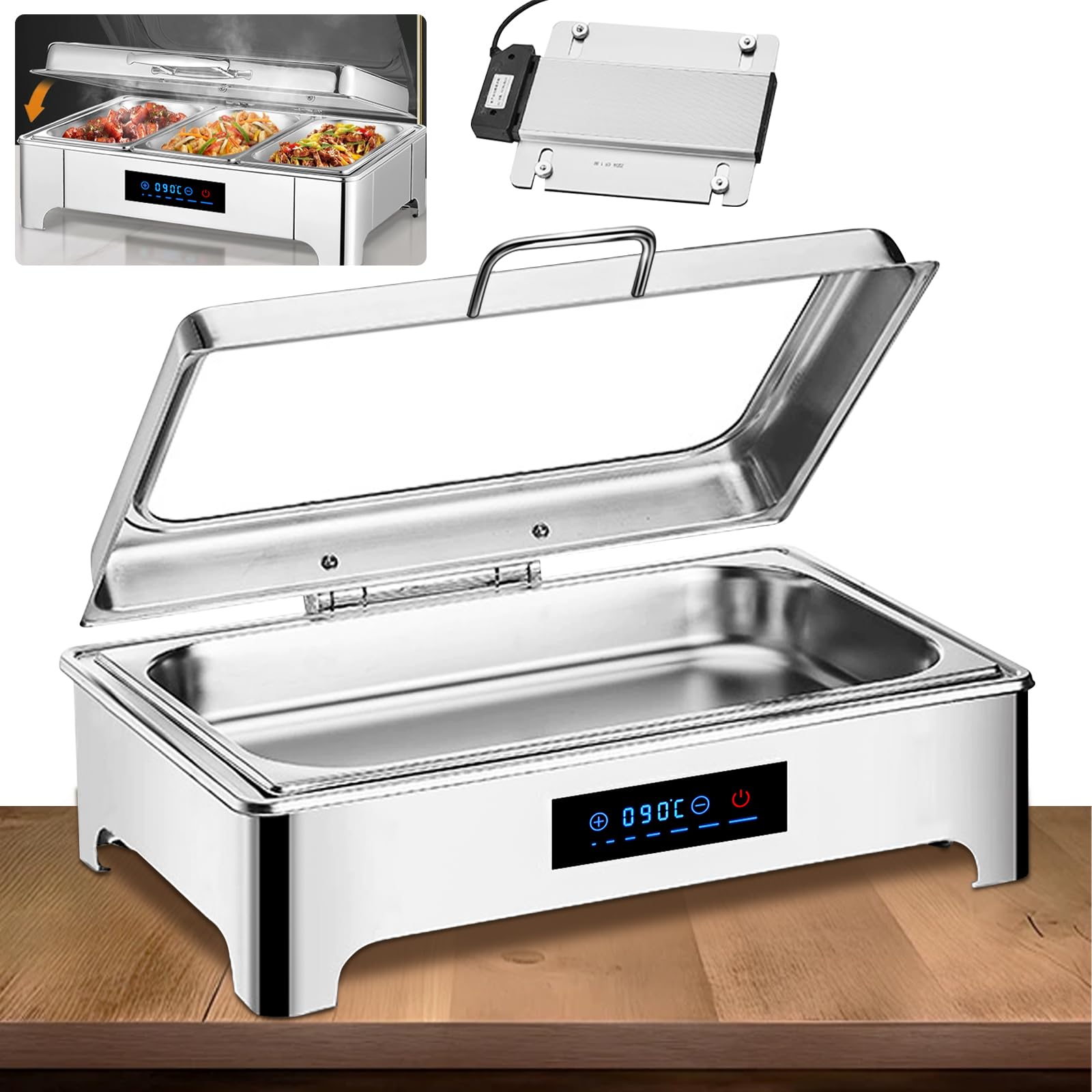 9L Chafing Dish Electrico para Buffet, Chafing Dish Calentador de Comida Electrico para Buffet, Calentador de Buffet de Acero Inoxidable con Vidrio Visual, Temperatura Ajustable (1/1)