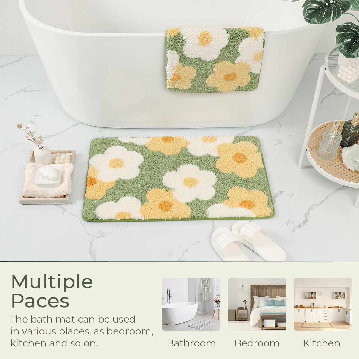 Plants Bathroom Mat Cute Absorbent Bath Rug Non Slip and Machine Washable Bath Shaggy Carpet for Kitchen, Bedroom and Living Room (Yellow and White Floret, 31"x20")