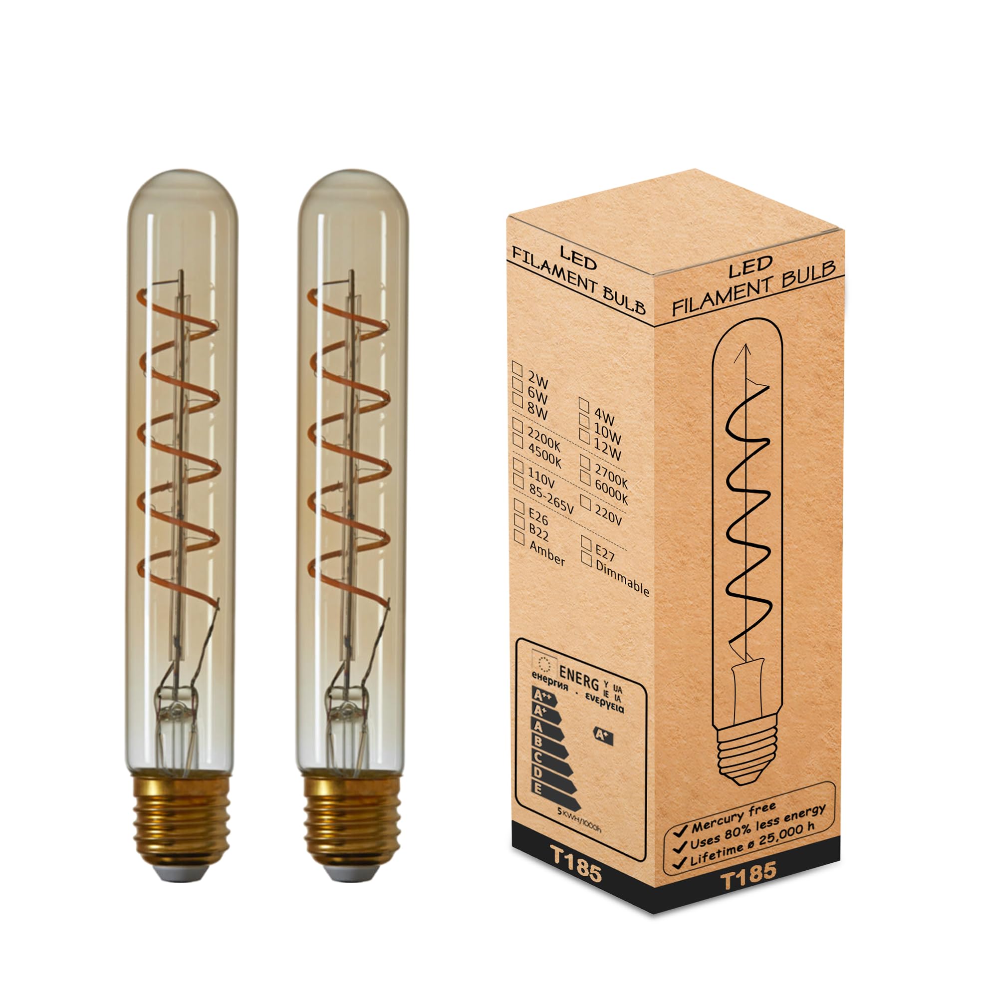 Ledsone T185 - 2 Pack Pack 2, Led Tubular E27 Light Bulb, T185 4W (40W Equivalent) Non-Dimmable 2700K Warmwhite Amber Glass 450 Lumen | Es Screw Led Filament Vintage Bulb For Long Cage Lamp Home Decor