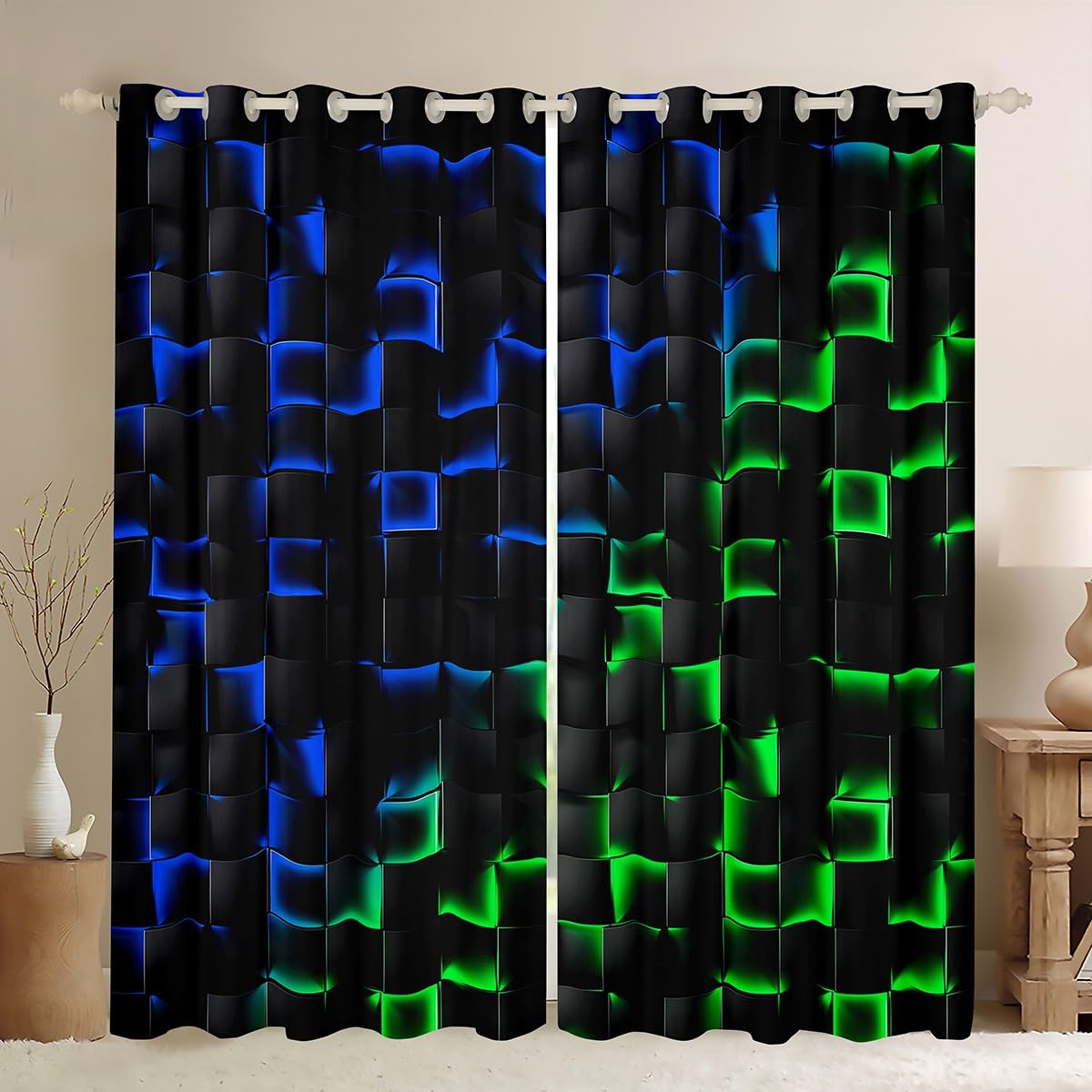 Homewish Geometric Checkered Blackout Curtains Neon Blue Green Window Curtains for Kids Boys Gamer Room Decor, Abstract Ombre Plaid Window Treatments Drapes Grids Black 2 Panels 52 x 90 Inch