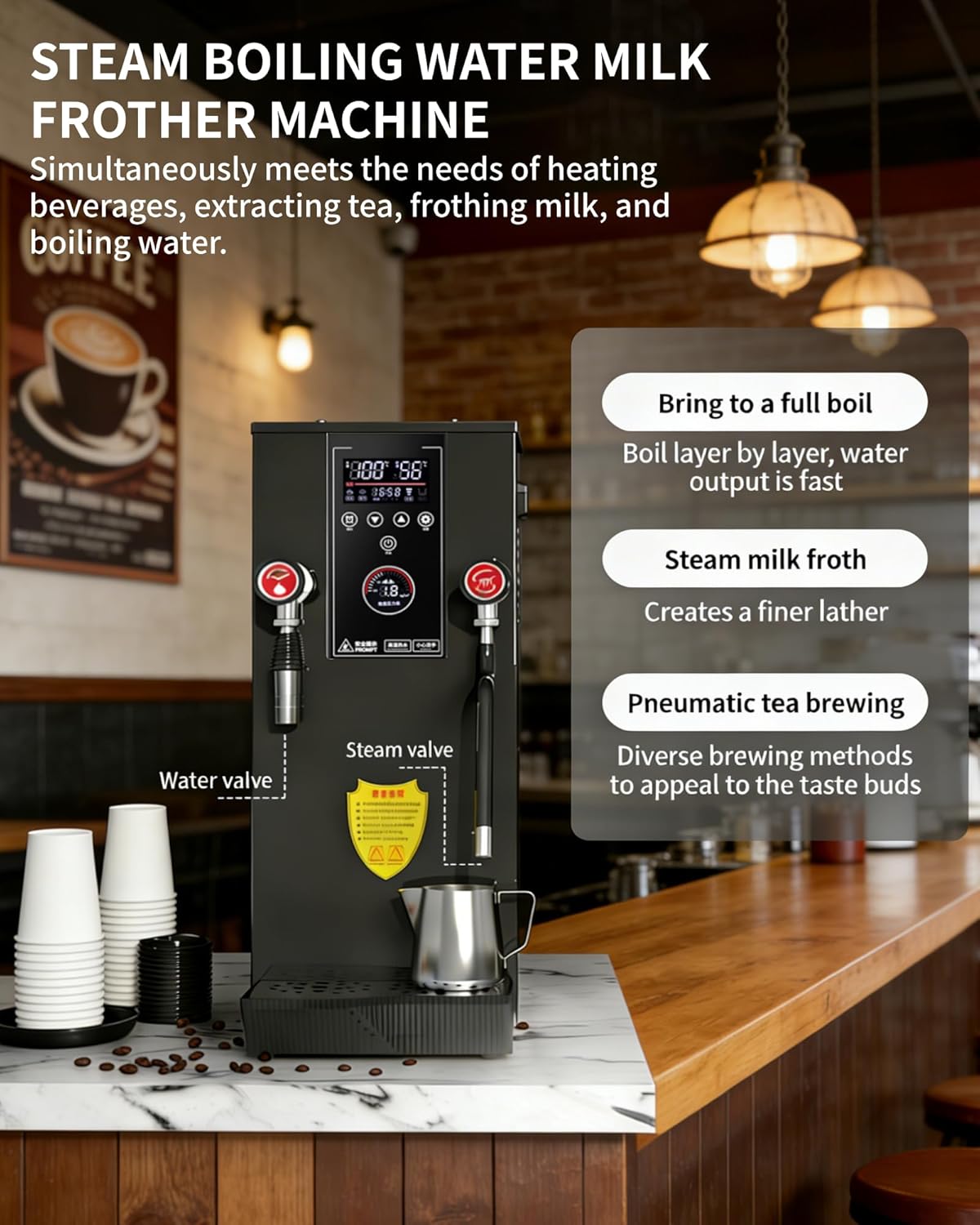 Commercial Milk Frother & Beverage Heater - 2500W Multi-Functional Milk Steamer Machine with LED Display Panel, for Latte, Cappuccino, Coffee, Milk Tea Foam, Hot Water Dispenser