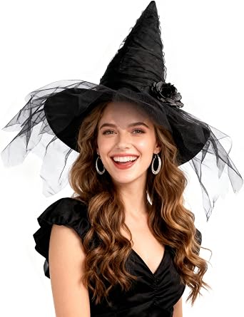 Witch Hat for Women Halloween Lace Wizard Hat Party Hats Black Mesh Veil Wizard Womens Costume Accessory for Adults Fancy Dress Halloween Accessories