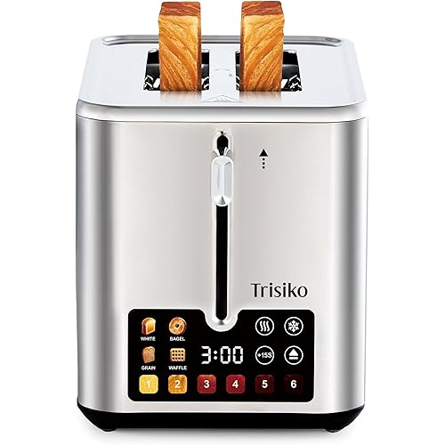 Trisiko® Touch Screen Toaster 2 Slice, Stainless Steel Smart Toaster with Digital Timer, 1.38" Extra-Wide Slots for Bread& Bagel,with Reheat, Defrost, Cancel, +15s Boost, Great for Home, Office, Dorm