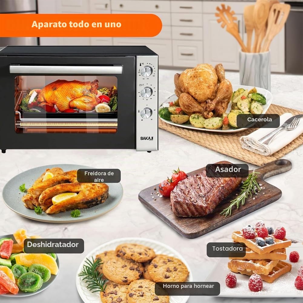 Bakaji Horno eléctrico ventilado, capacidad 70 litros, potencia 2500 W, temperatura regulable hasta 250°, 2 ventilaciones con elementos calefactores, acero, luz interior, función temporizador, asador
