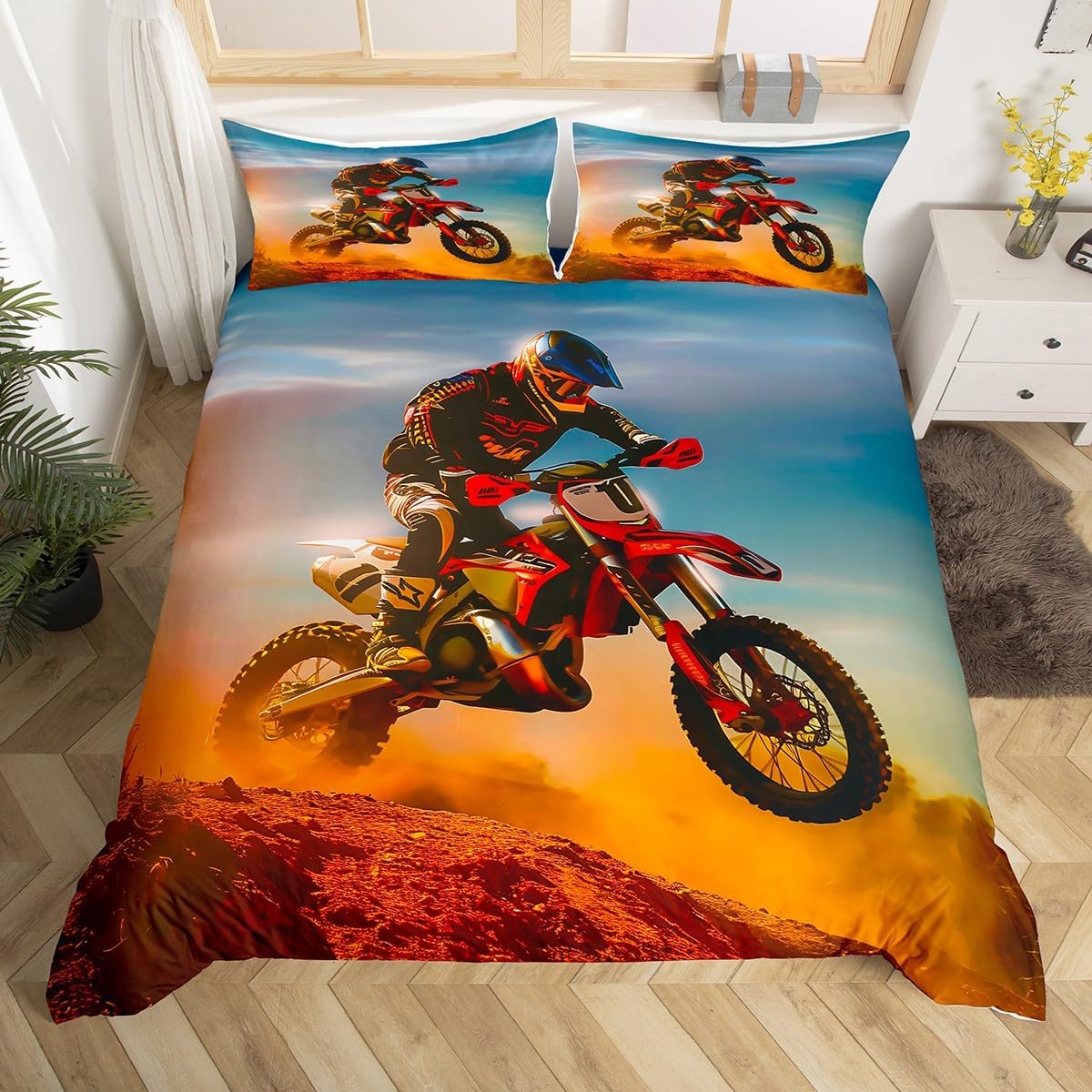 Feelyou 3D Dirt Bike Bedding Set Motocross Racer Extreme Sports Duvet Cover for Kids Boys Teens Racing Motorcycle Comforter Cover Motorbike Bedspread Bedroom Collection 3Pcs Queen Size