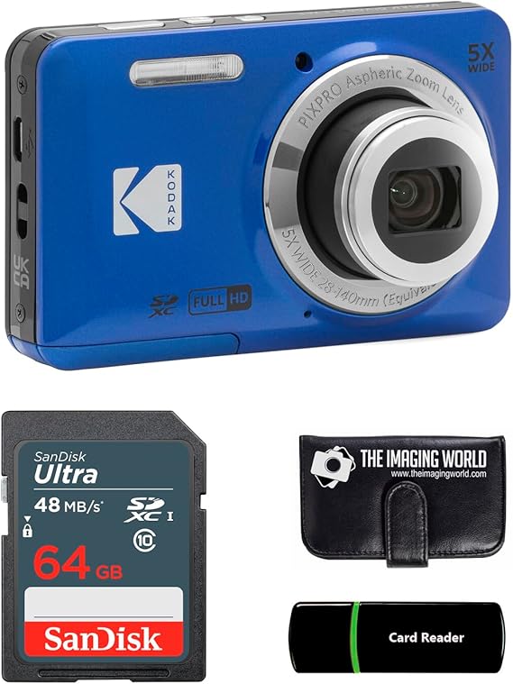 Kodak PIXPRO FZ55 Blue 16MP Digital Camera 5X Optical Zoom 28mm Wide Angle 1080P Full HD Video 2.7 LCD Camera + 64GB Card and Reader + Memory Wallet