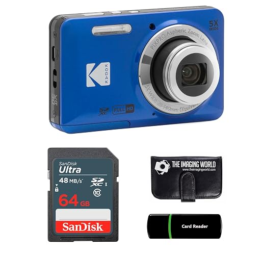 Kodak PIXPRO FZ55 Blue 16MP Digital Camera 5X Optical Zoom 28mm Wide Angle 1080P Full HD Video 2.7" LCD Camera + 64GB Card and Reader + Memory Wallet - Blue