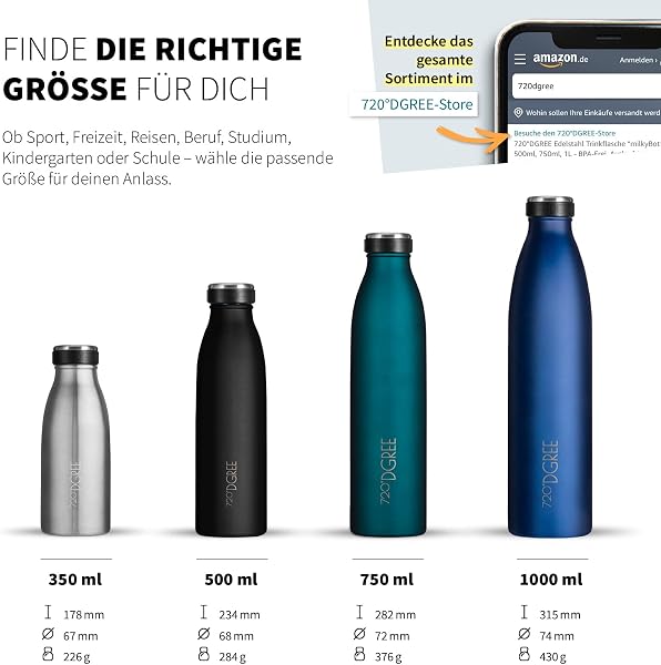 720°DGREE Borraccia termica 350ml "milkyBottle" - Senza BPA, Prova di Perdite - Bottiglia acqua termiche in acciaio inox - Borracce perfetto per bevande calde, fredde, Bambini, Bambina, Scuola Materna - 3
