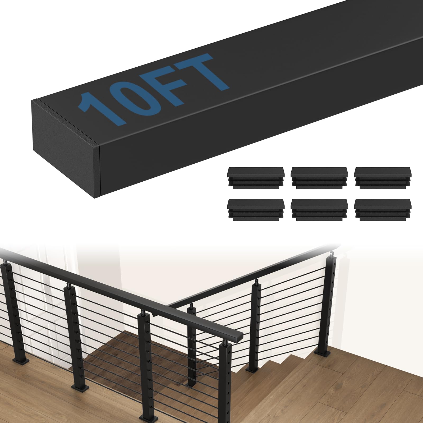 Photo 1 of ***MISSING ENDCAPS***
CKE 10' Stainless Steel Cable Railing Handrail for Indoor Outdoor Deck Stair Flat Top Rail Cable Railing System, Black Rectangular Handrail Cable Railing Kits with End Caps, HT05