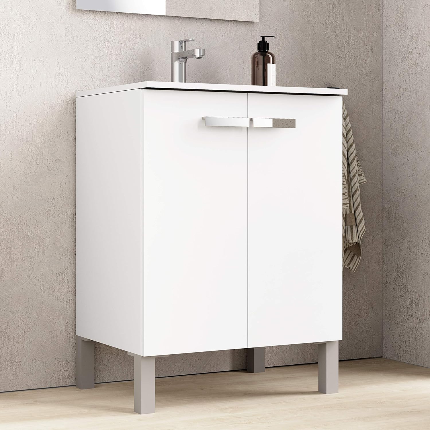 Baikal Mueble de Baño Neo, Dos Puertas, Mueble con Patas. Varios Acabados y Medidas. Melamina 16mm. Mueble MONTADO. 2 Puertas con Espejo 60 cm Blanco Mate