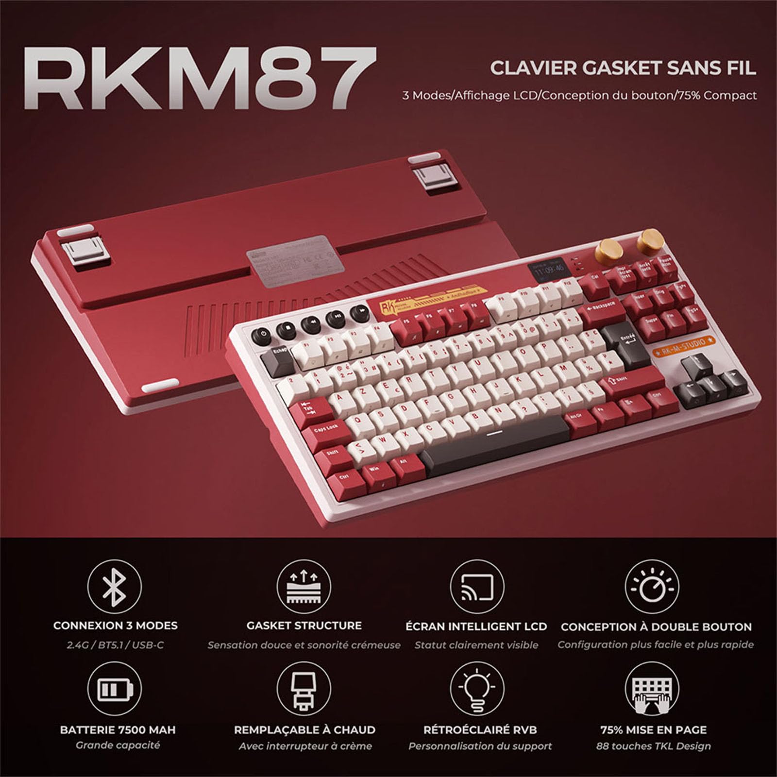 RK ROYAL KLUDGE M87 Clavier Mécanique AZERTY, 75% Gasket Clavier Sans Fil Gamer Tir-Mode, avec intelligen écran and Deux boutons, RVB Backlit, Clavier TKL Hot-swap, batterie 7500mAh, Cream Switch