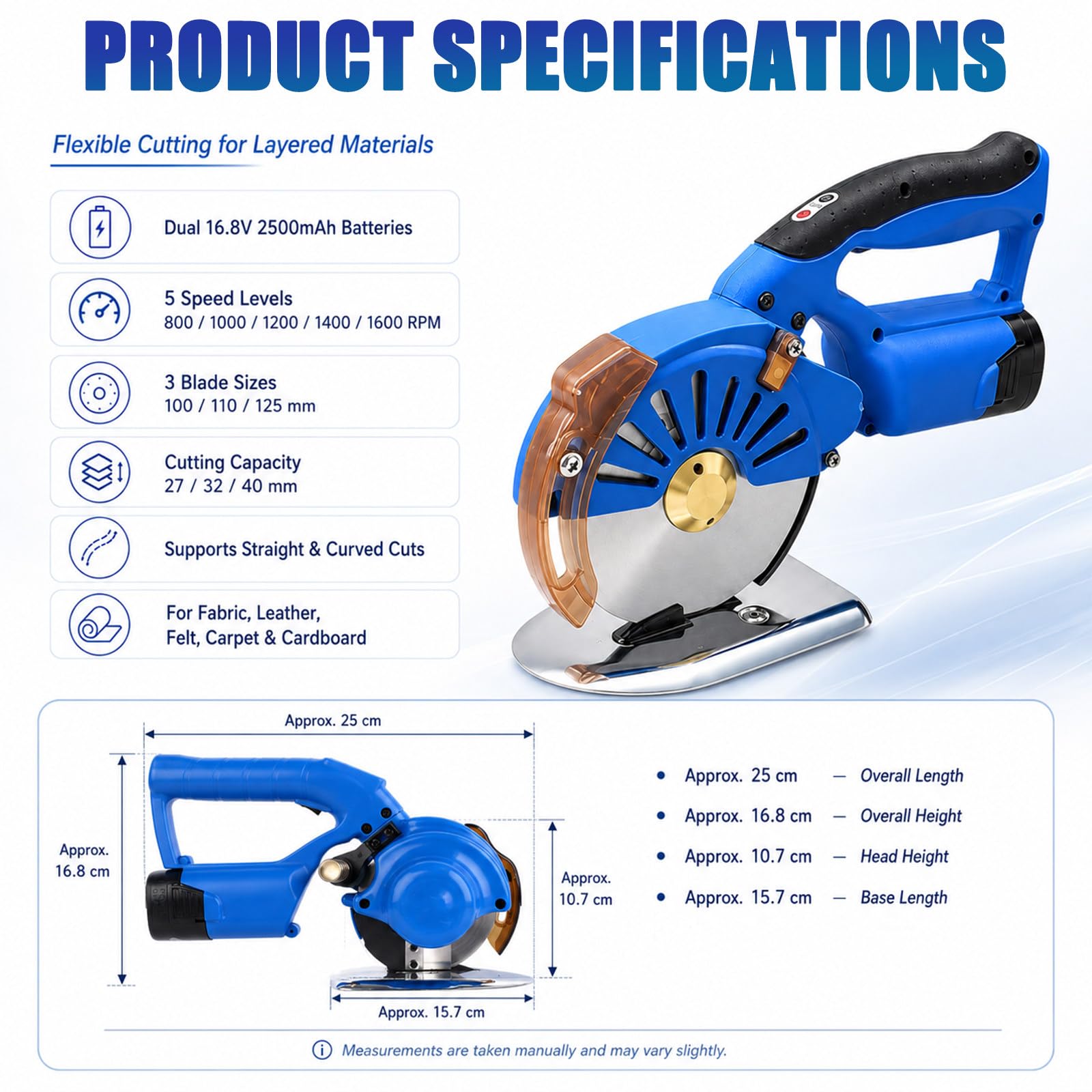 Cortador Tela de Tela Inalámbrica con Control de 5 Velocidades 100mm