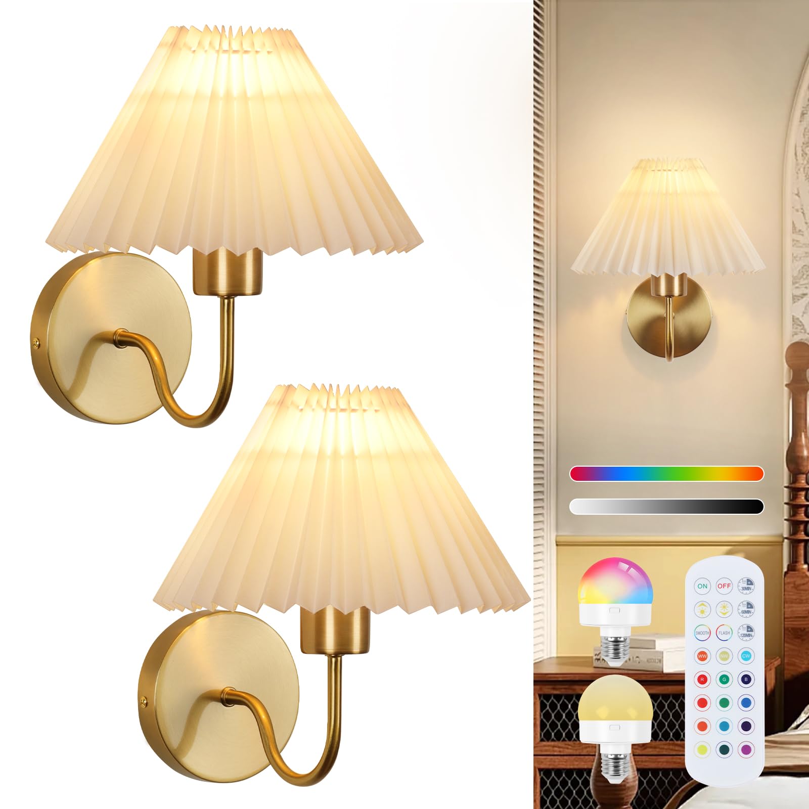 ADISUN Wall Sconces Sets of 2 RGB Battery Operated Wall Sconces for Bedroom Dresser Classic Golden Wall Lamp with Remote for Living Room Bathroom Dining Room Corridor Staircase (2 Bulbs Included)
